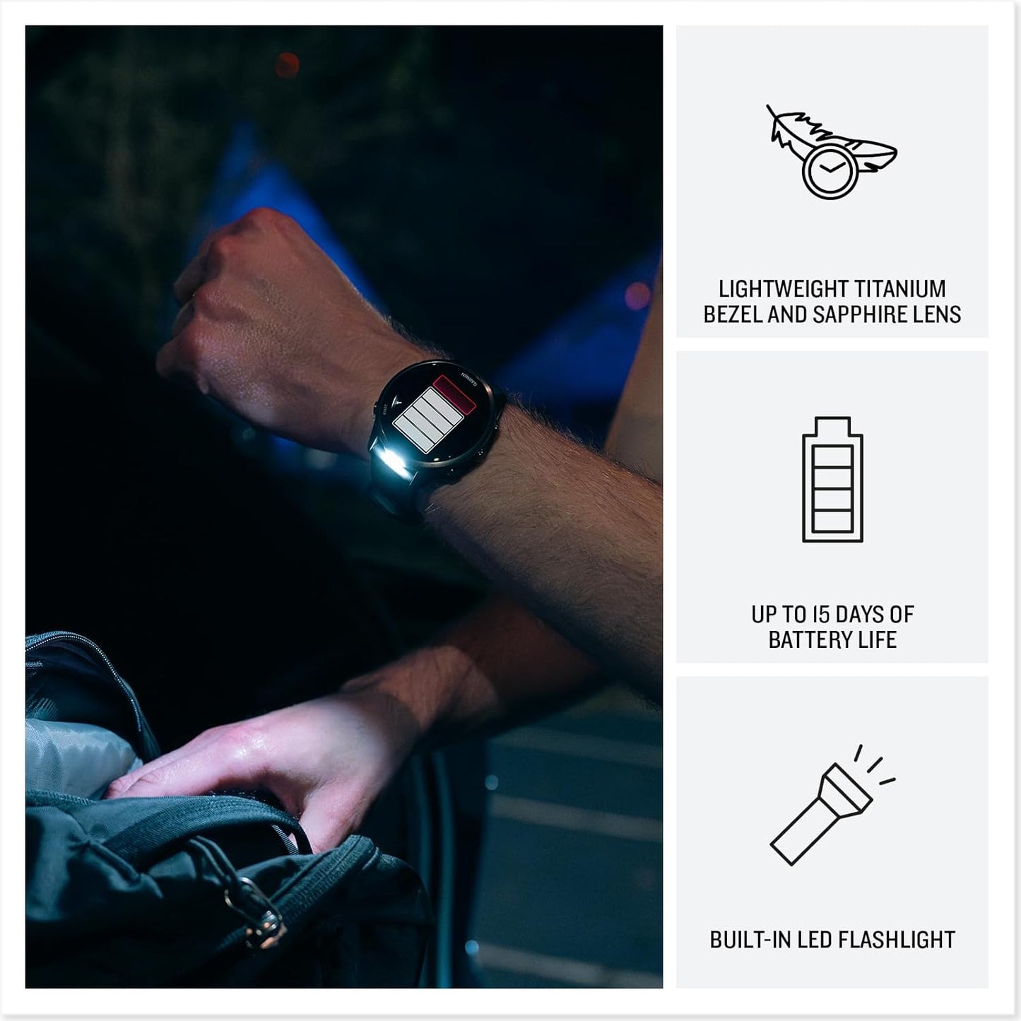 Garmin® Forerunner® 970, Premium GPS Running and Triathlon Smartwatch, AMOLED Display, Built-In LED Flashlight, Carbon Gray DLC Titanium with Black Case and Black/Translucent Whitestone Band