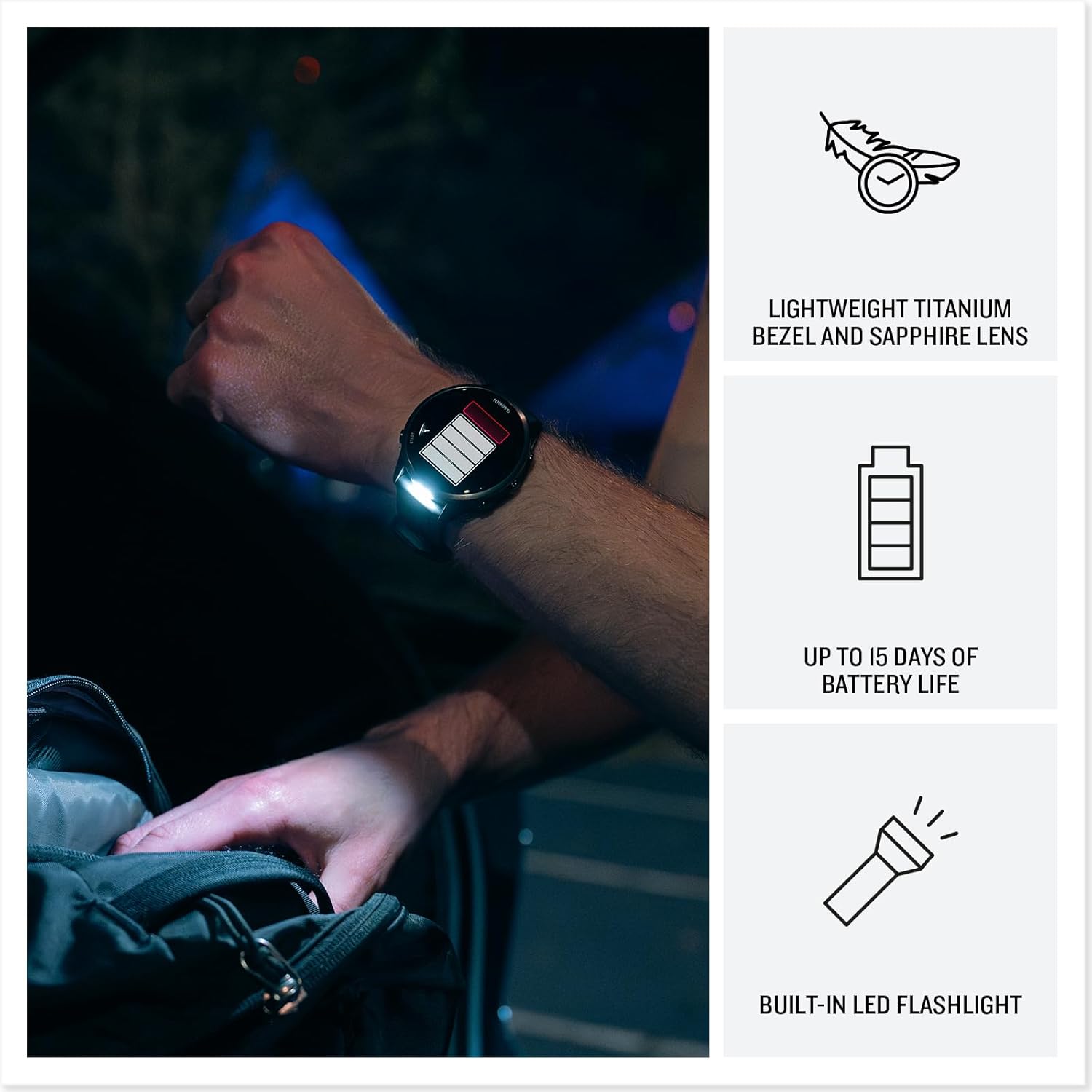 Garmin® Forerunner® 970, Premium GPS Running and Triathlon Smartwatch, AMOLED Display, Built-In LED Flashlight, Carbon Gray DLC Titanium with Black Case and Black/Translucent Whitestone Band