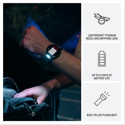 Garmin® Forerunner® 970, Premium GPS Running and Triathlon Smartwatch, AMOLED Display, Built-In LED Flashlight, Carbon Gray DLC Titanium with Black Case and Black/Translucent Whitestone Band