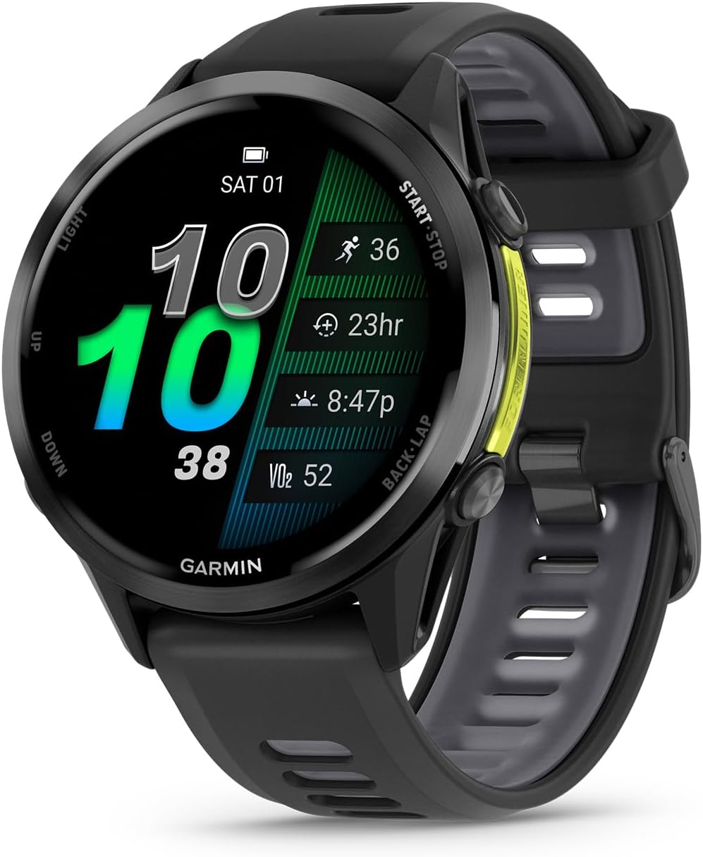 Garmin® Forerunner® 970, Premium GPS Running and Triathlon Smartwatch, AMOLED Display, Built-In LED Flashlight, Carbon Gray DLC Titanium with Black Case and Black/Translucent Whitestone Band