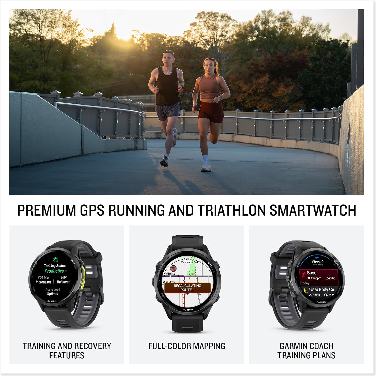 Garmin® Forerunner® 970, Premium GPS Running and Triathlon Smartwatch, AMOLED Display, Built-In LED Flashlight, Carbon Gray DLC Titanium with Black Case and Black/Translucent Whitestone Band