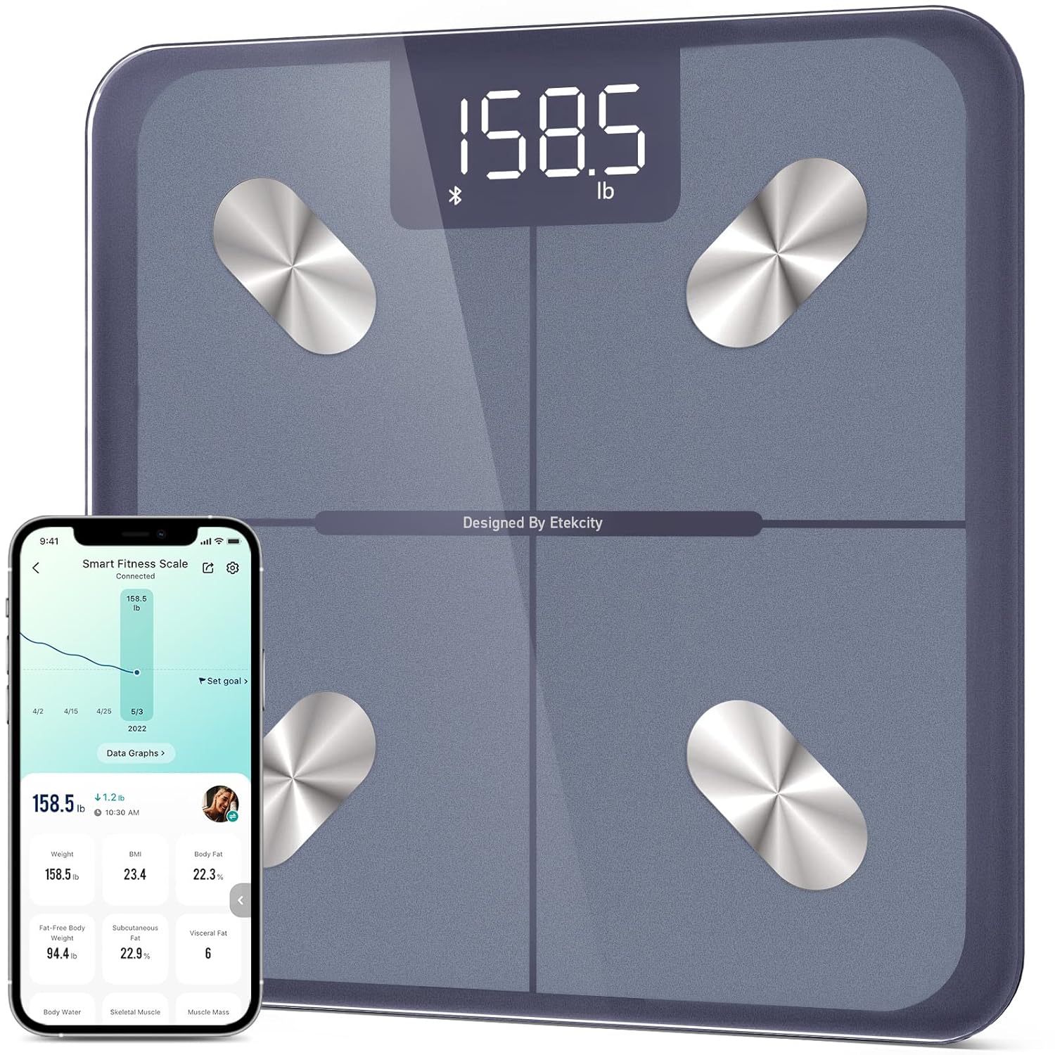 Etekcity Smart Scale for Body Weight, Bathroom Digital Weighing Scale with BMI, Body Fat, Muscle Mass, Accurate Bluetooth Home User Health Equipment Sync Apps
