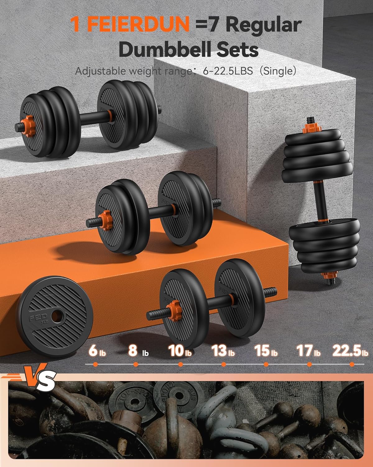 FEIERDUN Adjustable Dumbbells, 20/30/40/45/70/90Lbs Free Weight Set with Connector, 5 In1 Dumbbells Set Used as Barbell, Kettlebells, Push up Stand, Weight Plate, Fitness Exercises for Home Gym Suitable Men/Women